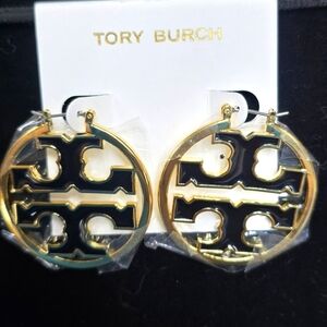 Tory Burch Black and Gold Logo Hoop Earrings